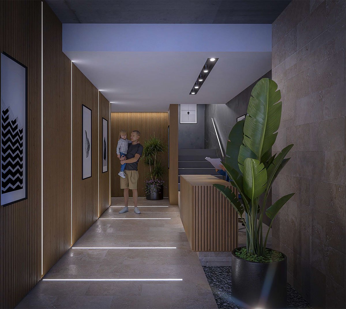 Lobby Alpha Place Belgrano con travertino y escultura Raging Bird by MIRA